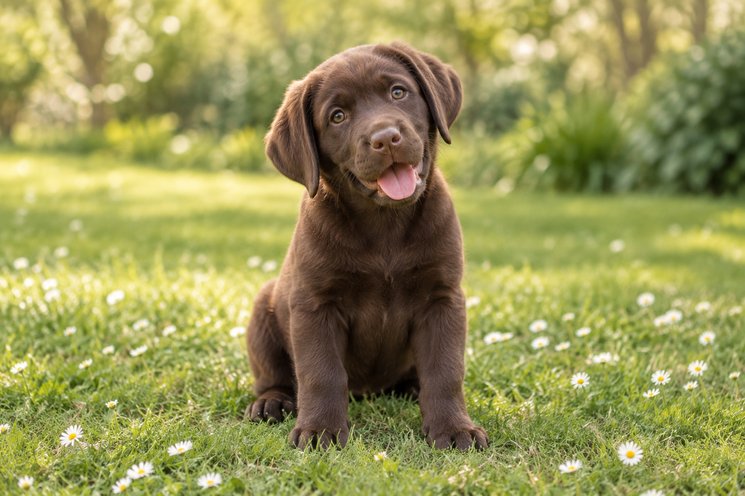 Happy chocolate Labrador puppy in a sunny garden